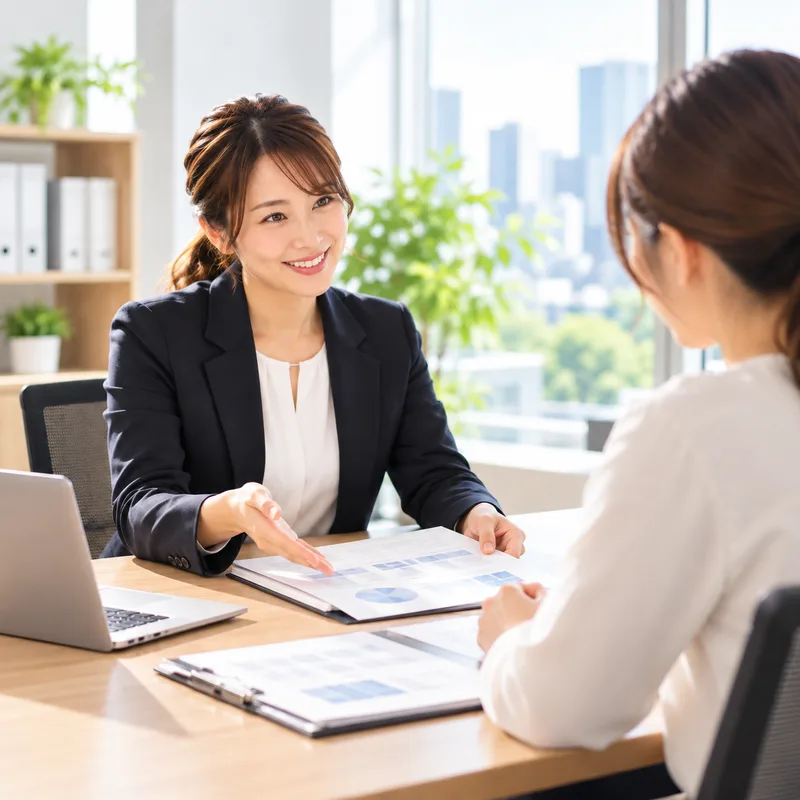 面談で資料を示しながら契約内容を説明するスタッフ
