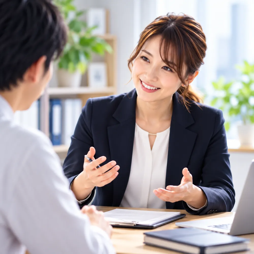 復縁を望む相談者に笑顔でアドバイスするhamaの担当者