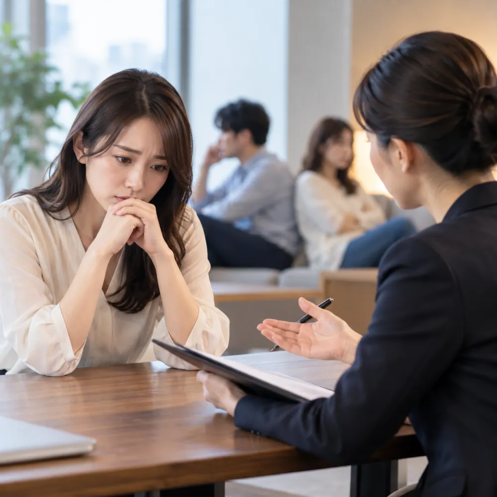 パートナーとの関係に悩む相談者の話を聞くhamaの担当者